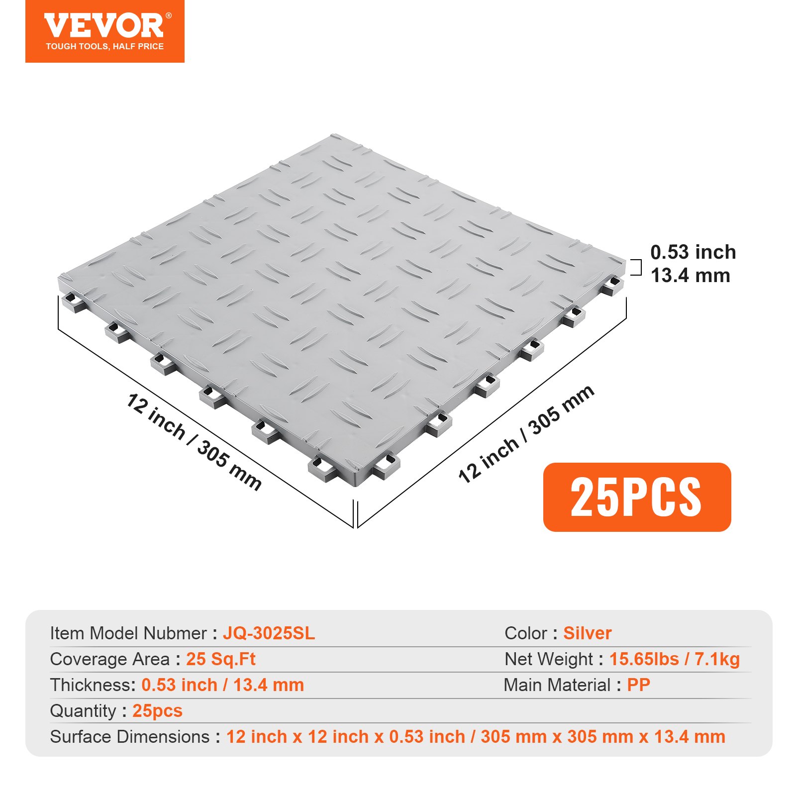 VEVOR Garage Floor Fittings, 305 x 305 x 13.4 mm, 25-piece set, industrial flooring, non-slip double-sided textured garage flooring, for garages, basements, repair shops, silver