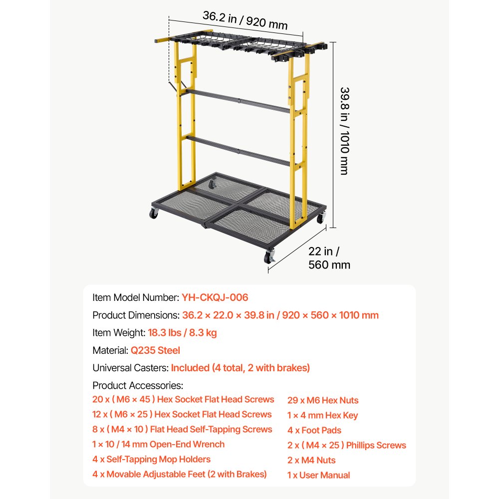 Stojak na narzędzia ogrodowe VEVOR 920x560x1010mm Uchwyt na narzędzia z kółkami Czarny, stojak do garażu, szopy, ogrodu, stalowy organizer na miotły, mop, grabie, 2 w 1 z otworami i systemem zaciskowym