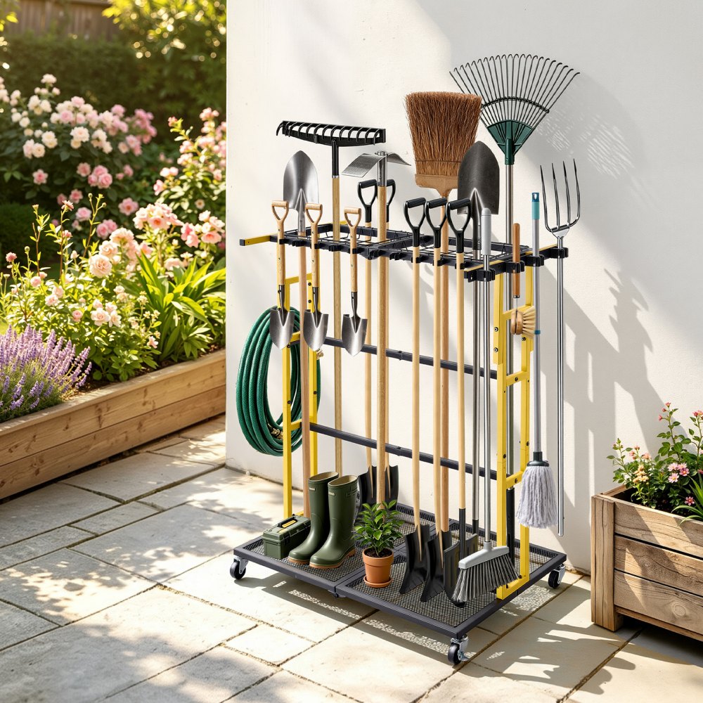 Stojak na narzędzia ogrodowe VEVOR 920x560x1010mm Uchwyt na narzędzia z kółkami Czarny, stojak do garażu, szopy, ogrodu, stalowy organizer na miotły, mop, grabie, 2 w 1 z otworami i systemem zaciskowym