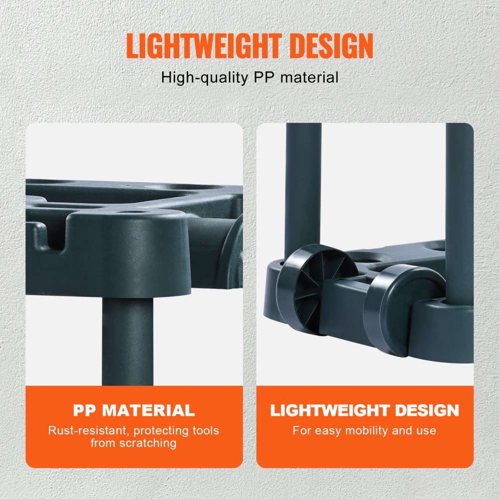 Stojak na narzędzia ogrodowe VEVOR 75x35x82 cm, organizer na narzędzia, PP, wielofunkcyjny stojak na narzędzia ogrodowe, 10 przegródek na narzędzia, system zapobiegający przewróceniu, uchwyt na narzędzia ogrodowe, uchwyt na miotłę, garaż, pokój ogrodowy