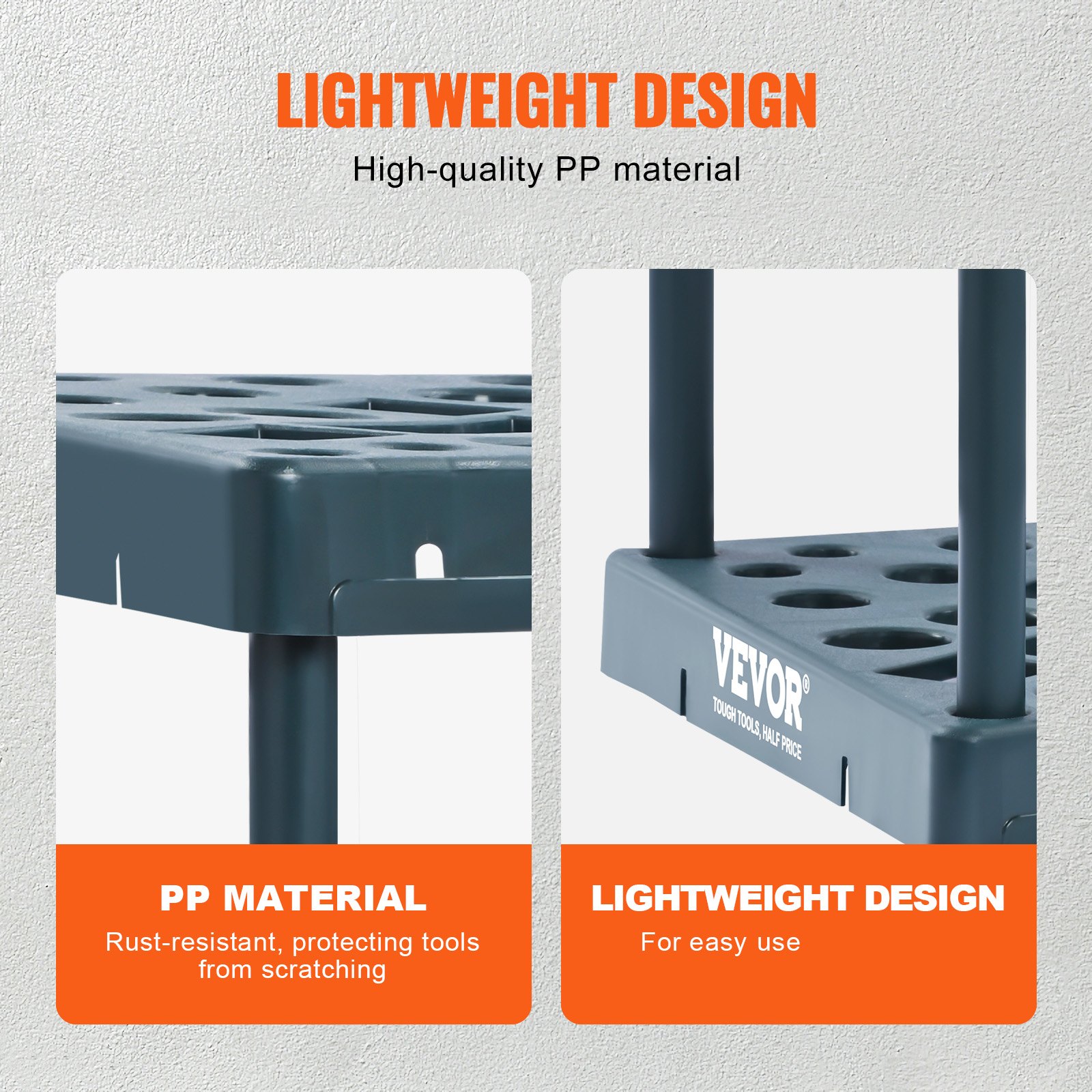 Stojak na narzędzia ogrodowe VEVOR 43x43x58,5 cm, organizer na narzędzia, PP, wielofunkcyjny stojak do przechowywania narzędzi ogrodowych, 19 gniazd, system zapobiegający przewróceniu, uchwyt na narzędzia ogrodowe, uchwyt na miotłę, garaż, pokój ogrodowy