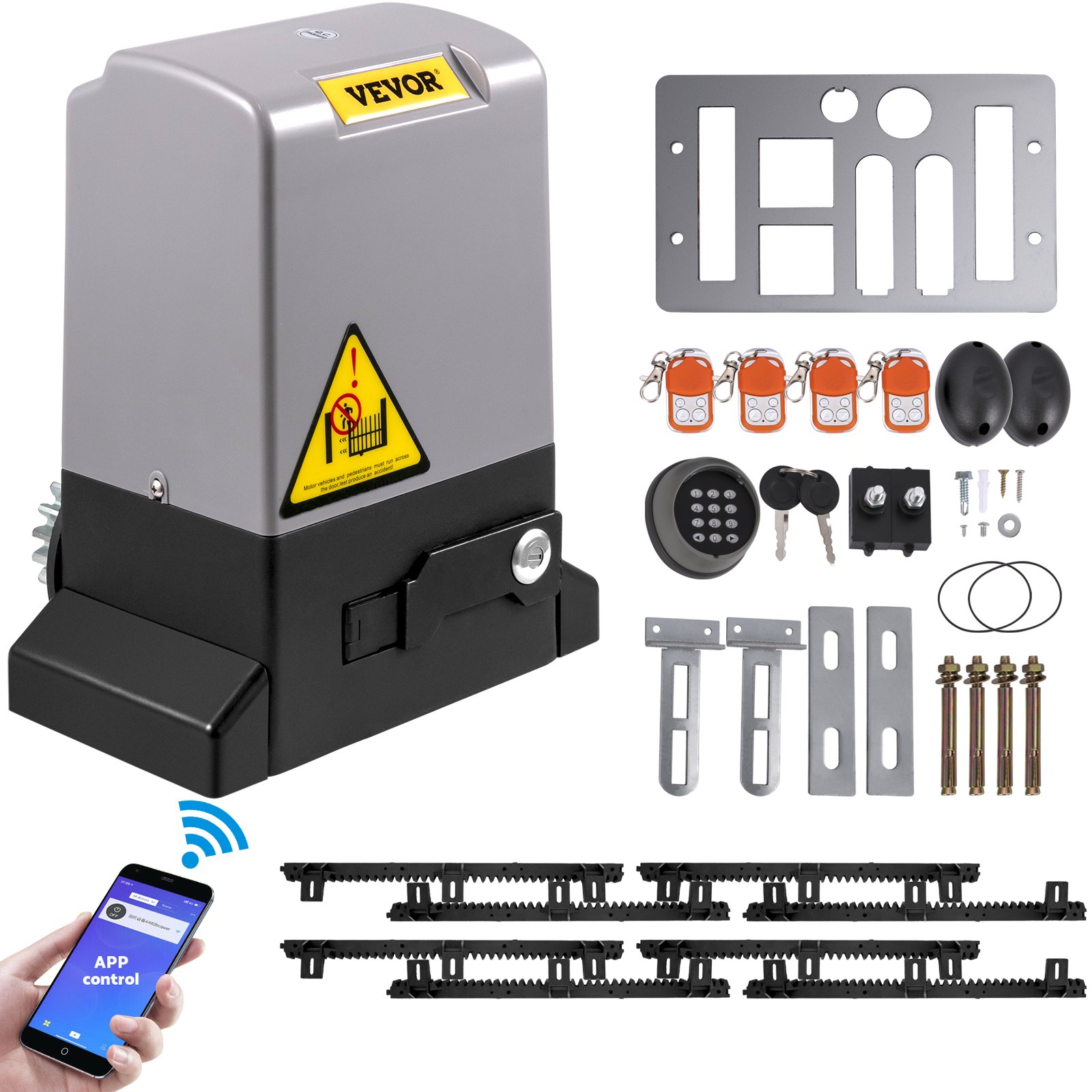 Otwieracz drzwi przesuwnych VEVOR, 1800 kg, automatyczny otwieracz bramy 4 m z 4 pilotami i sterowaniem APP, elektryczny otwieracz bramy do przejścia rolowanego, zestaw systemu bezpieczeństwa do otwieracza bramy