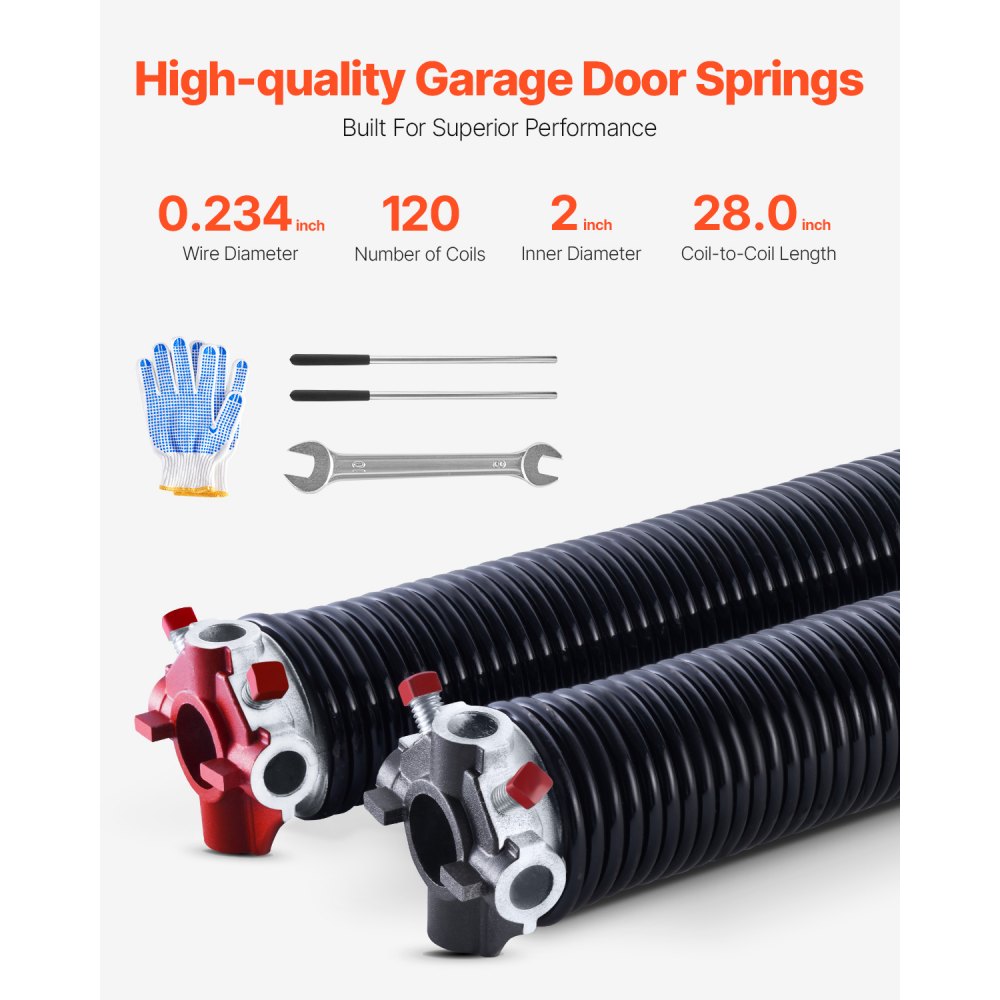 Sprężyny skrętne do drzwi garażowych VEVOR (Φ 5,94 x Φ 50,8 x 711 mm) 16000 cykli, powlekane na czarno, do wymiany, sprężyny do drzwi garażowych z antypoślizgowymi prętami naciągowymi, rękawice i klucz montażowy