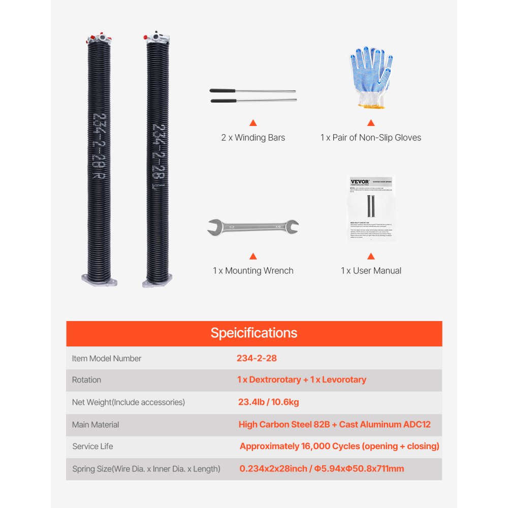 Sprężyny skrętne do drzwi garażowych VEVOR (Φ 5,94 x Φ 50,8 x 711 mm) 16000 cykli, powlekane na czarno, do wymiany, sprężyny do drzwi garażowych z antypoślizgowymi prętami naciągowymi, rękawice i klucz montażowy