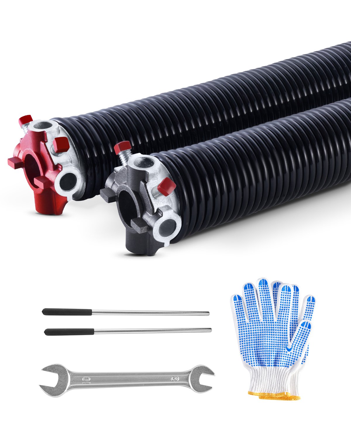 Sprężyny skrętne do drzwi garażowych VEVOR (Φ 5,94 x Φ 50,8 x 711 mm) 16000 cykli, powlekane na czarno, do wymiany, sprężyny do drzwi garażowych z antypoślizgowymi prętami naciągowymi, rękawice i klucz montażowy