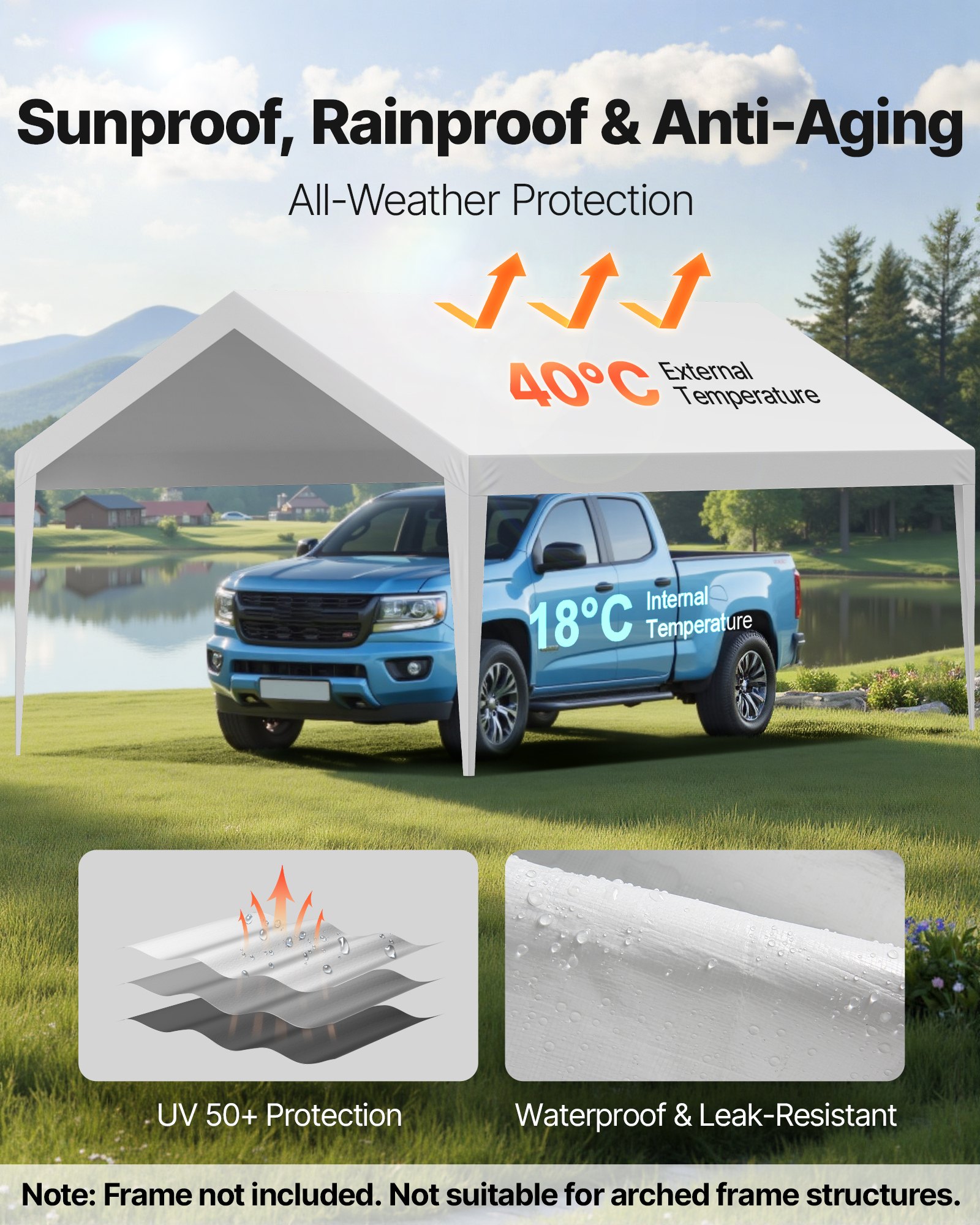 VEVOR Carport Replacement Canopy, 3.6 x 6 m Potable Garage Tent Top Tarp, UV-Resistant & Waterproof Car Shelter Tarp, Heavy Duty Car Port Cover with Ball Buggees, White, Frame Not Included