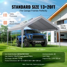 VEVOR Namiot garażowy 12' x 20' Namiot garażowy Namiot dachowy Plandeka Wodoodporna Ochrona przed promieniami UV Łatwa instalacja za pomocą pasków mocujących Szary (tylko pokrycie dachu, rama nie jest dołączona)