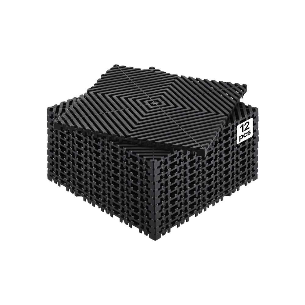 Mata drenażowa VEVOR Interlocking 31 x 31 cm Modułowe maty drenażowe, 12 sztuk w opakowaniu, antypoślizgowe czarne płytki podłogowe i mata prysznicowa, do garażu i ogrodu