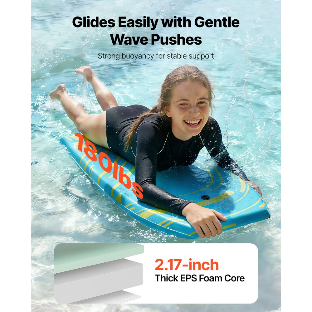 VEVOR Bodyboard 105,5 x 52 cm, deska wave wykonana z IXPE HDPE z rdzeniem EPS, deska surfingowa z smyczą na nadgarstek, ochrona UV dla początkujących i zaawansowanych surferów do 82 kg, deska do pływania na plażę, morze, basen, do surfowania