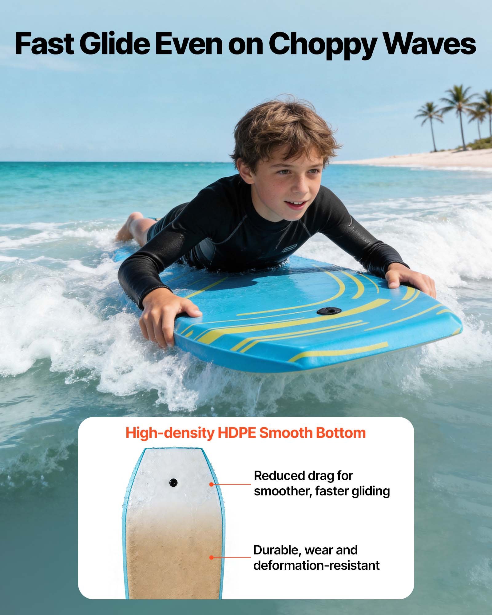 VEVOR Bodyboard 105,5 x 52 cm, deska wave wykonana z IXPE HDPE z rdzeniem EPS, deska surfingowa z smyczą na nadgarstek, ochrona UV dla początkujących i zaawansowanych surferów do 82 kg, deska do pływania na plażę, morze, basen, do surfowania