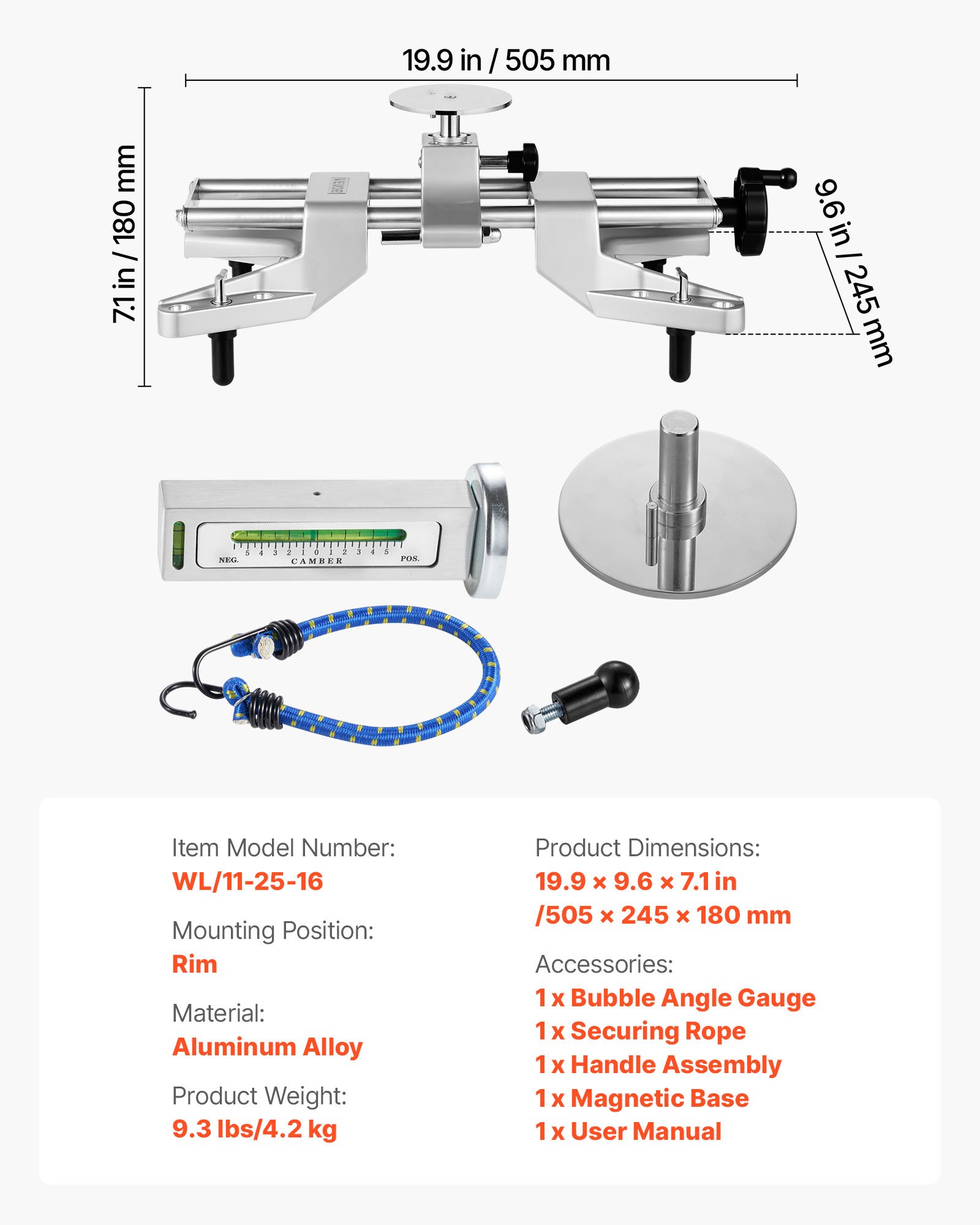 Zacisk koła VEVOR i adapter magnetyczny, 1 szt. Aluminiowe narzędzie do ustawiania geometrii kół, do precyzyjnego pomiaru pochylenia kół, pasuje do felg o średnicy 11-25 cali, magnetyczne narzędzie do naprawy opon w samochodach osobowych i ciężarowych