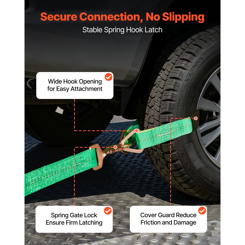 Pas mocujący koła VEVOR (50,8 x 2438,4 mm) z hakami sprężynowymi, wytrzymałością na rozciąganie 4540 kg i nośnością 1512 kg, system mocowania kół motocyklowych, pas mocujący koła, pas do opon do SUV-ów i przyczep, zielony