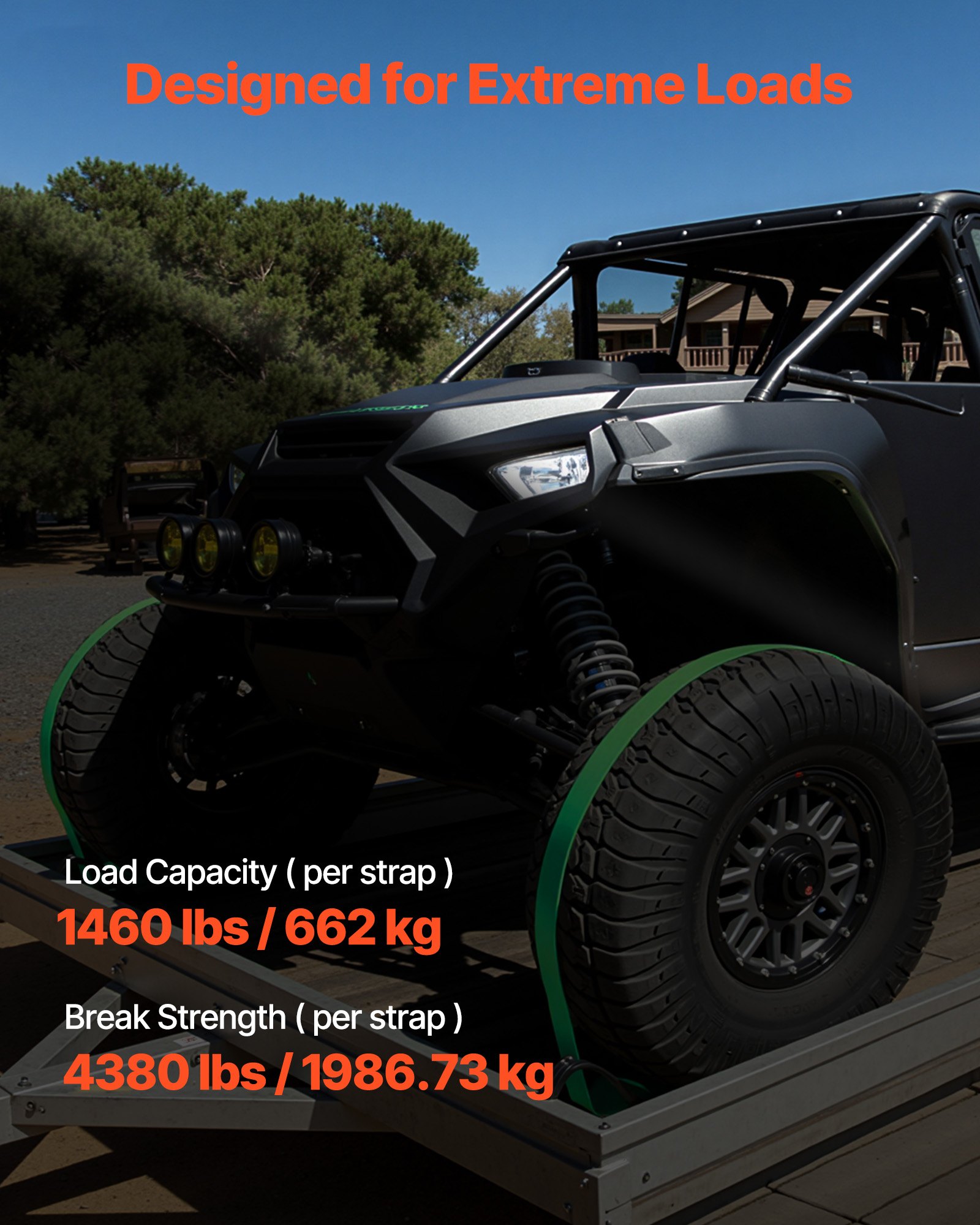 Pas mocujący koła VEVOR (50,8 x 2438,4 mm) z klamrą i wytrzymałością na rozciąganie 1986,73 kg i nośnością 662 kg, system mocowania motocykla, pas zabezpieczający koła, pas do opon do przyczep SUV-ów, zielony