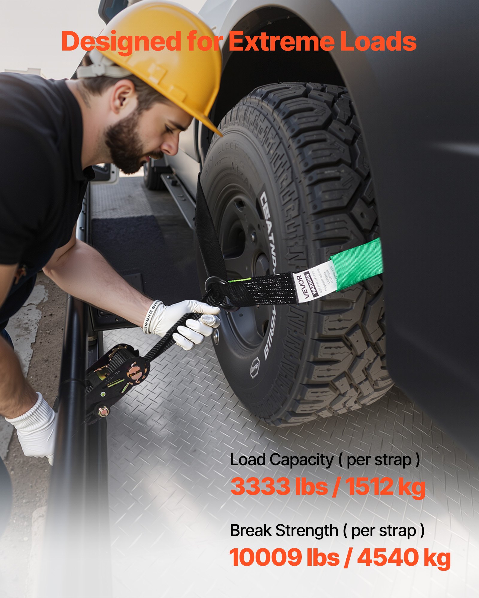 Pas mocujący koła VEVOR (50,8 x 3048 mm) z wytrzymałymi hakami, wytrzymałością na rozciąganie 4540 kg i udźwigiem 1512 kg, system mocowania motocykli Pas zabezpieczający koła Pas do opon do SUV-ów i przyczep