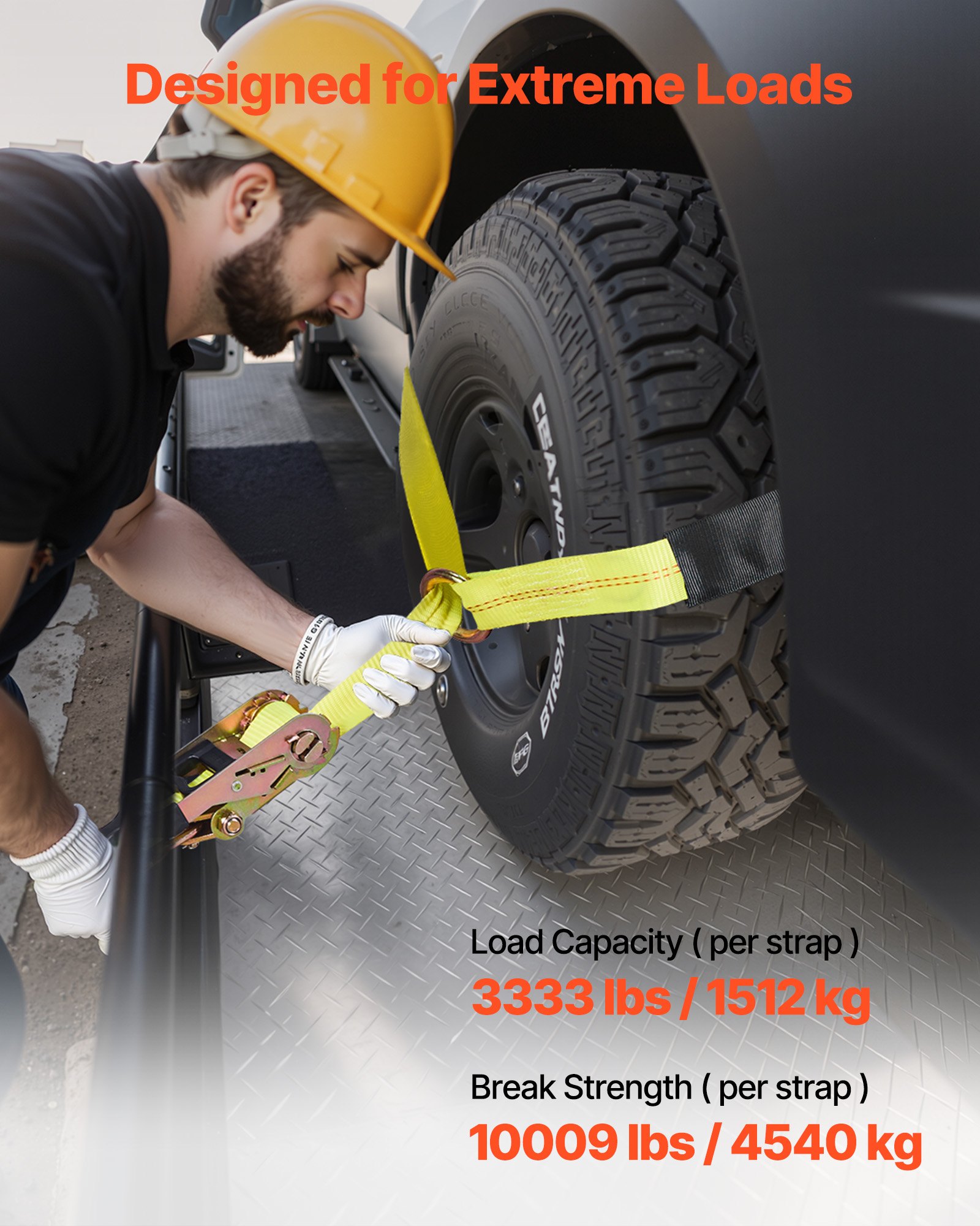 Pas mocujący koła VEVOR (50,8 x 3048 mm) z wytrzymałym hakiem, wytrzymałością na rozciąganie 4540 kg i udźwigiem 1512 kg, system mocowania kół motocyklowych, pas mocujący koła do opon do SUV-ów i przyczep, żółty