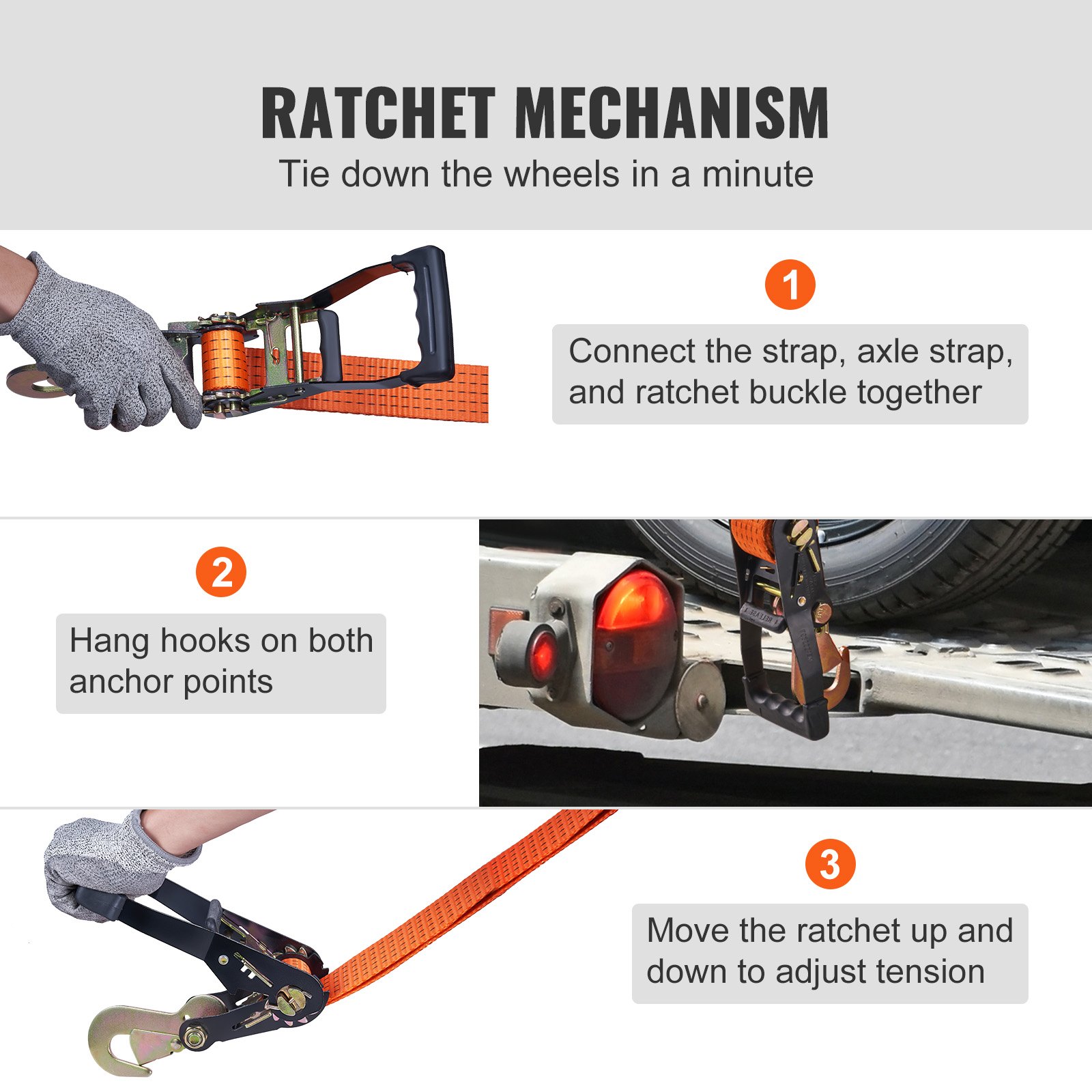 Zestaw pasów mocujących do kół VEVOR, 50,8 x 3048 mm, pasy transportowe do samochodów, 4-częściowy system mocowania przyczepy, obciążenie zrywające 5000 kg, pojazdy ATV, UTV, przyczepy, akcesoria do klinów pod koła i pasów mocujących, kolor pomarańczowy