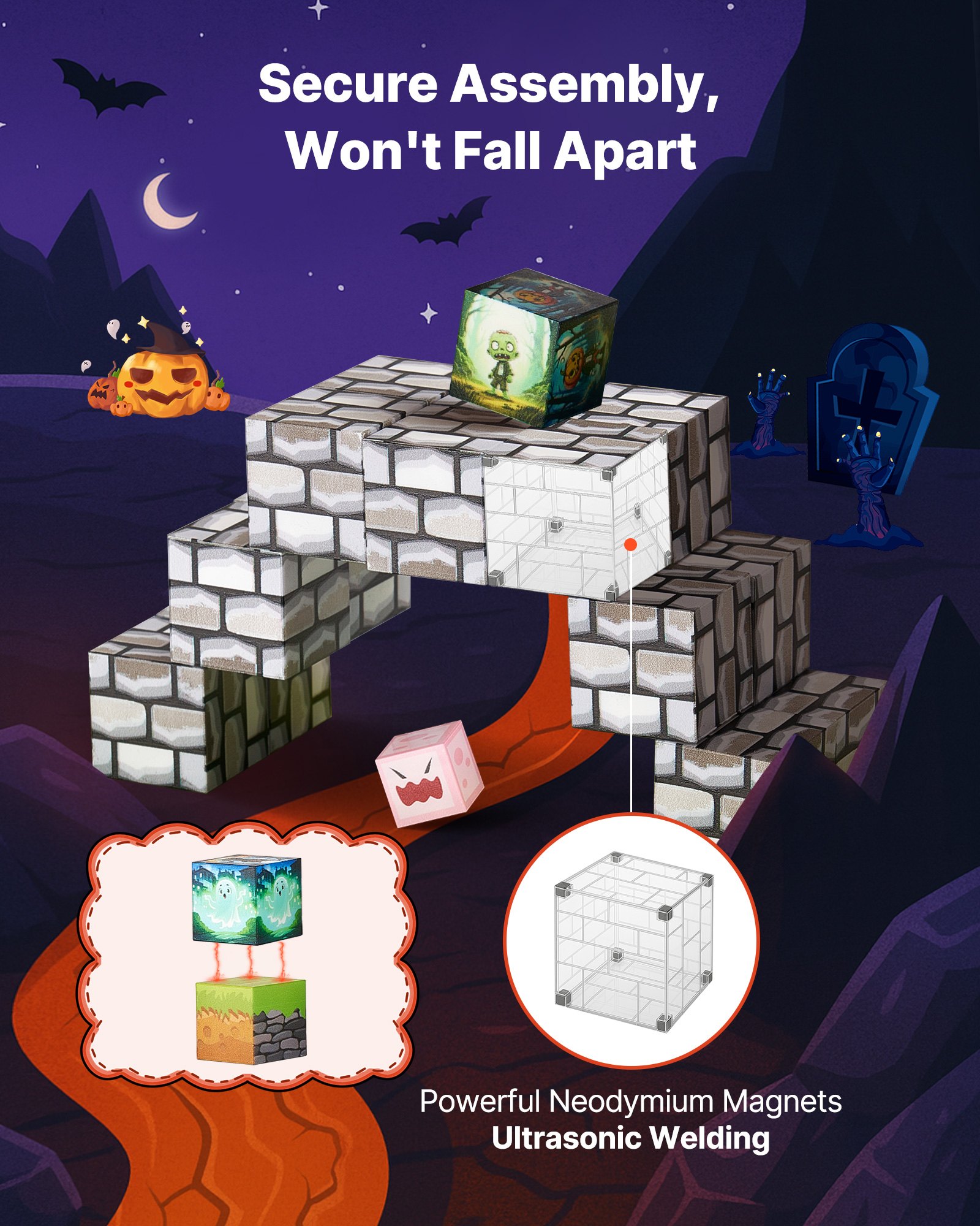 Magnetyczne klocki konstrukcyjne VEVOR, 100-elementowy zestaw „Zombie na cmentarzu”, klocki magnetyczne, zabawka STEM Montessori jako prezent na Boże Narodzenie i urodziny, zabawka konstrukcyjna do układania w stosy, wiek: 3+