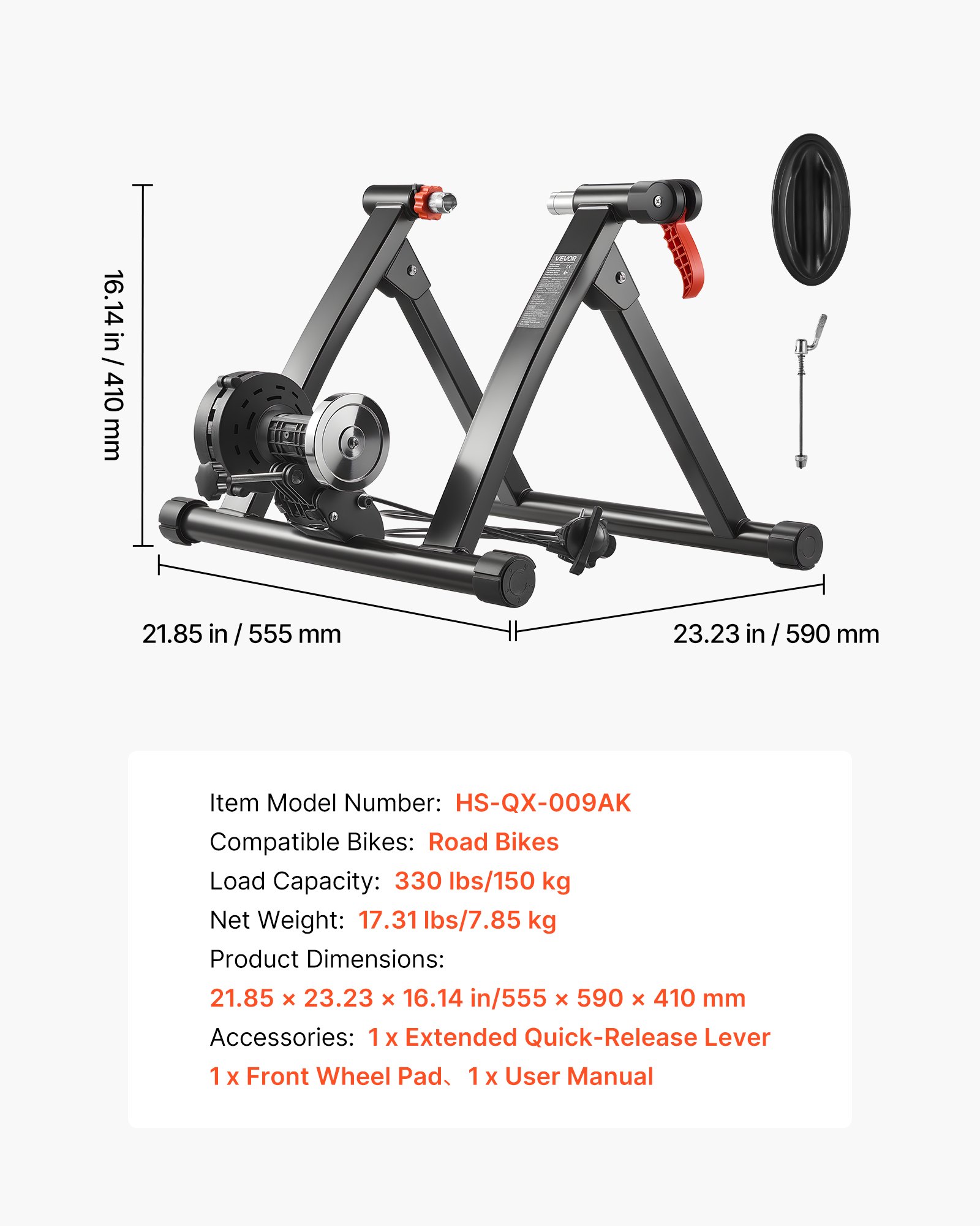 Trenażer rowerowy VEVOR do kół 660,4-736,6 mm / 700C, 6 poziomów oporu, składany magnetyczny trenażer domowy z szybkim zwalnianiem i podparciem przedniego koła, czarny
