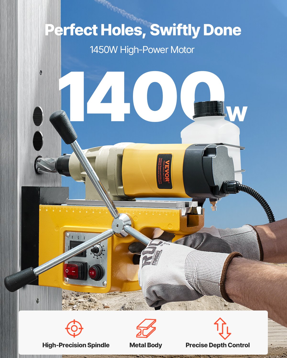 Wiertarka magnetyczna VEVOR 1400 W φ50 mm, 12800 N, przenośna elektryczna wiertarka magnetyczna z 6 wiertłami rdzeniowymi, 650 obr./min. Wiertarka do powierzchni metalowych, przemysłowa, żółta