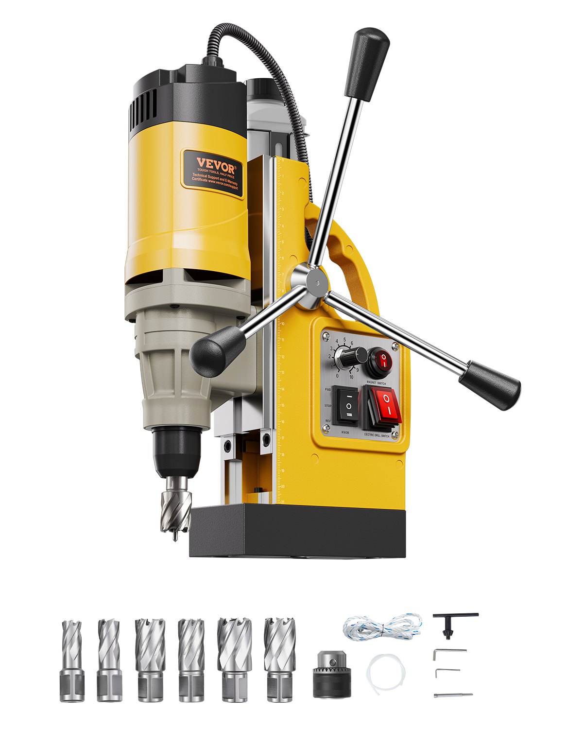 Wiertarka magnetyczna VEVOR 1400 W φ50 mm, 12800 N, przenośna elektryczna wiertarka magnetyczna z 6 wiertłami rdzeniowymi, 650 obr./min. Wiertarka do powierzchni metalowych, przemysłowa, żółta