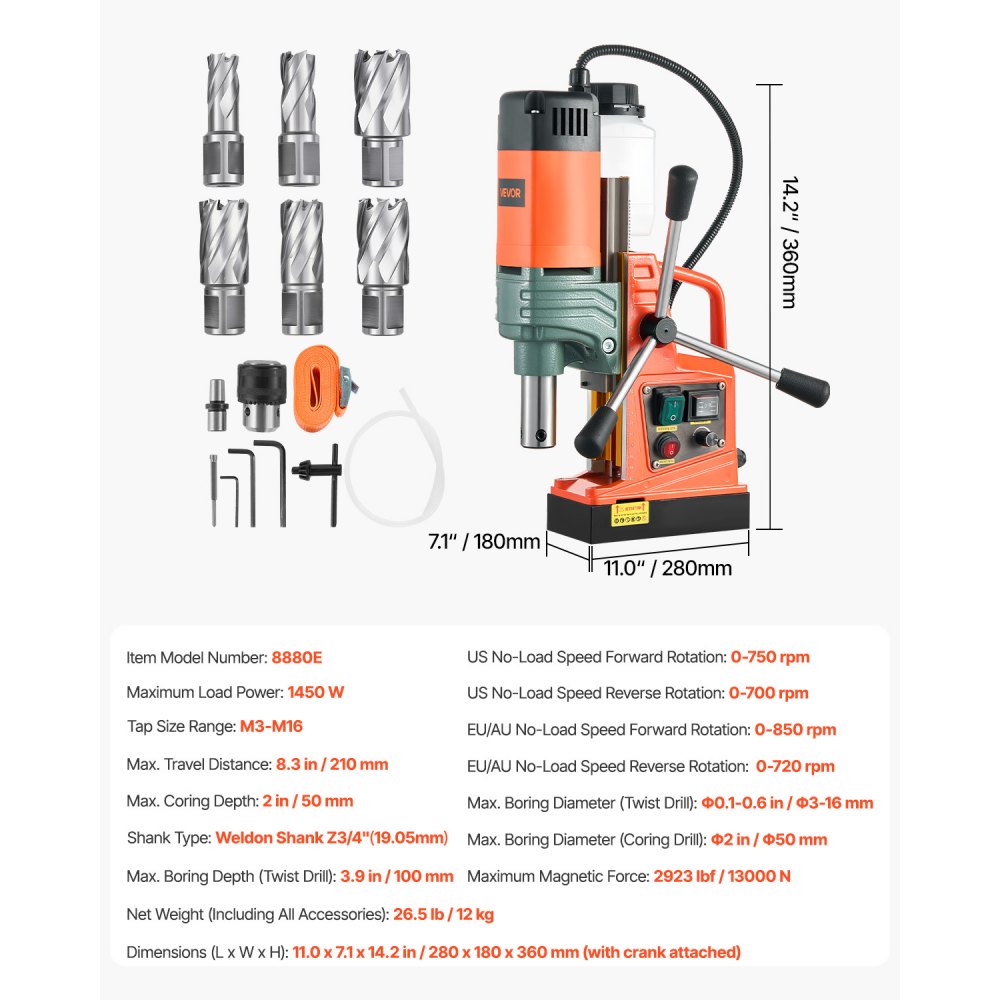 Wiertarka magnetyczna VEVOR, silnik 1450 W, średnica wiercenia rdzeniowego 50 mm, siła magnetyczna 13000 N, elektryczna wiertarka rdzeniowa z 6 wiertłami rdzeniowymi, zmienna prędkość, wiertarka do powierzchni metalowych
