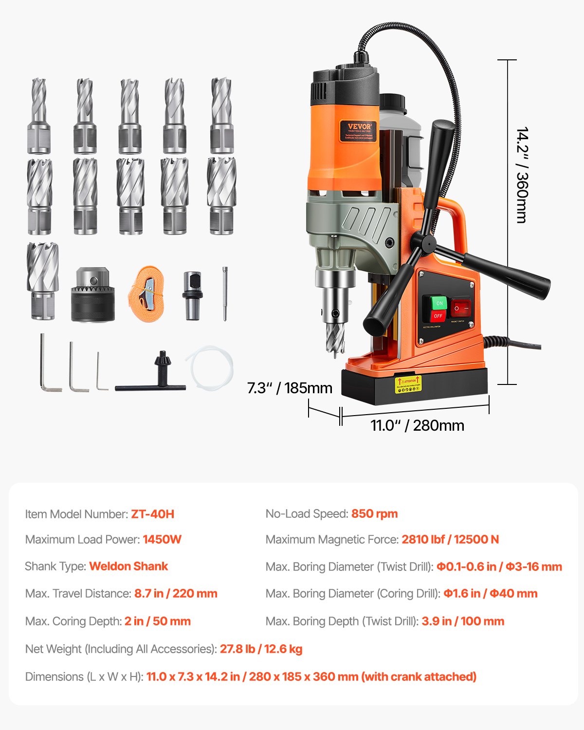 Wiertarka magnetyczna VEVOR Professional Core Drill, siła magnetyczna 12500 N, 850 obr./min, 1450 W, maks. średnica wiercenia 40 mm, system wiercenia rdzeniem magnetycznym do budowy statków, mostów itp., kolor pomarańczowy