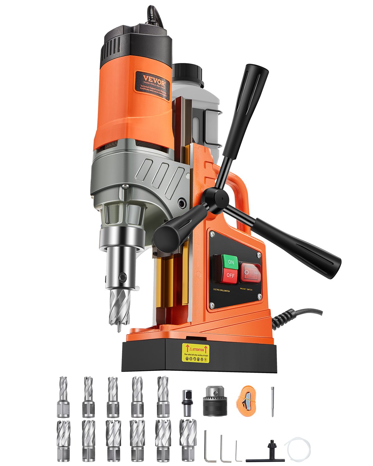 Wiertarka magnetyczna VEVOR Professional Core Drill, siła magnetyczna 12500 N, 850 obr./min, 1450 W, maks. średnica wiercenia 40 mm, system wiercenia rdzeniem magnetycznym do budowy statków, mostów itp., kolor pomarańczowy