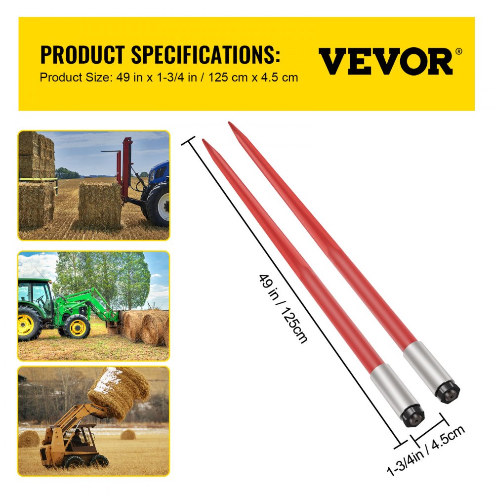 VEVOR front loader tines 125 cm bale tines 2041 kg capacity, bale spike quick-release, red coated bale forks, with hex nut and sleeve for buckets, tractors, loaders