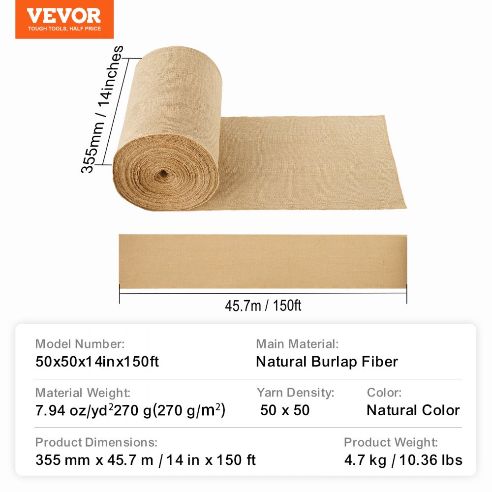 VEVOR Jute Fabric, Burlap Fabric Roll, 50x50 High-Density Wide Natural Burlap Fabric Rolls, 355mm x 45.7m, for Decoration, Crafts, Wedding, Gardening, Plant & Tree Winter Cover