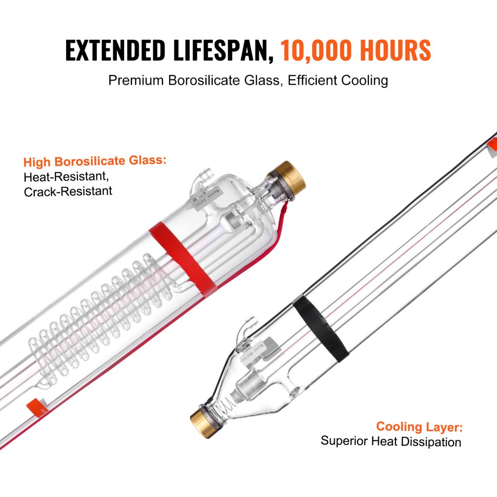 Rura laserowa VEVOR 100 W CO2, długość 1450 mm, średnica 80 mm, rura do cięcia laserowego ze szkła borokrzemianowego z głowicą metalową, 10 000 godzin pracy, wstępnie okablowana do grawerki laserowej i maszyny do cięcia