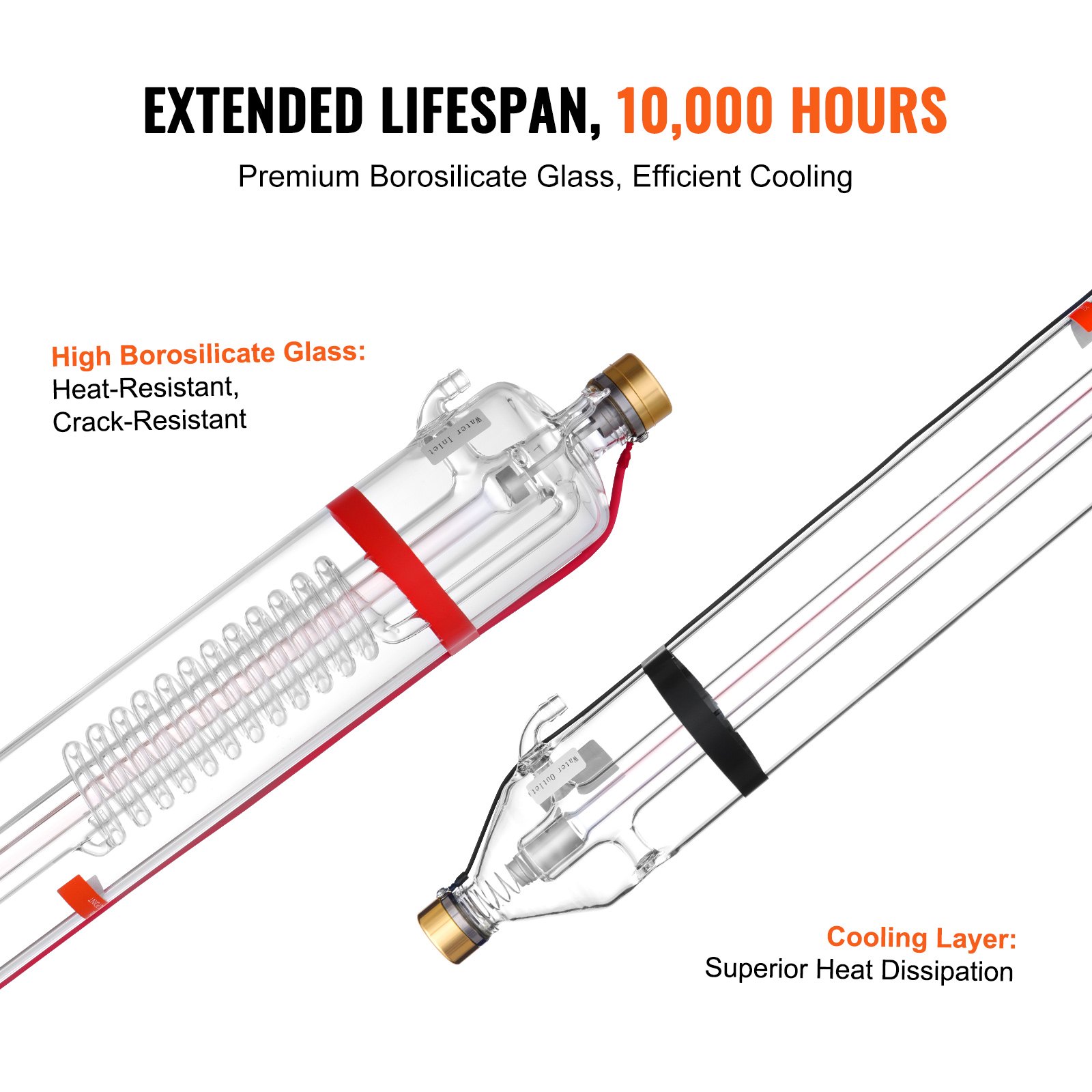 Rura laserowa VEVOR 100 W CO2, długość 1450 mm, średnica 80 mm, rura do cięcia laserowego ze szkła borokrzemianowego z głowicą metalową, 10 000 godzin pracy, wstępnie okablowana do grawerki laserowej i maszyny do cięcia