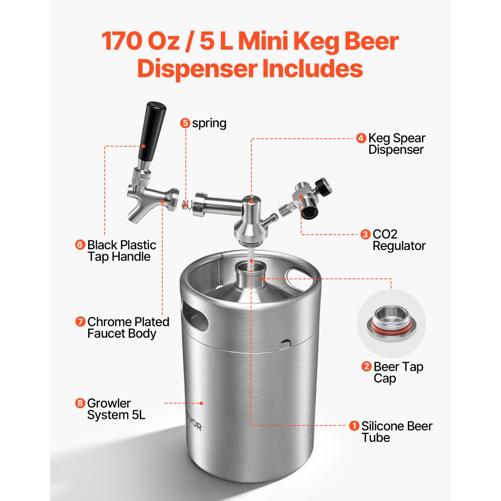 VEVOR 5L Mini Keg, Pressurized Growler Tap System, 304 Stainless Steel Beer Kit, with Co2 Regulator, Self-Closing Faucet, Keeps Fresh and Carbonation for Homebrew, Craft and Draft Beer