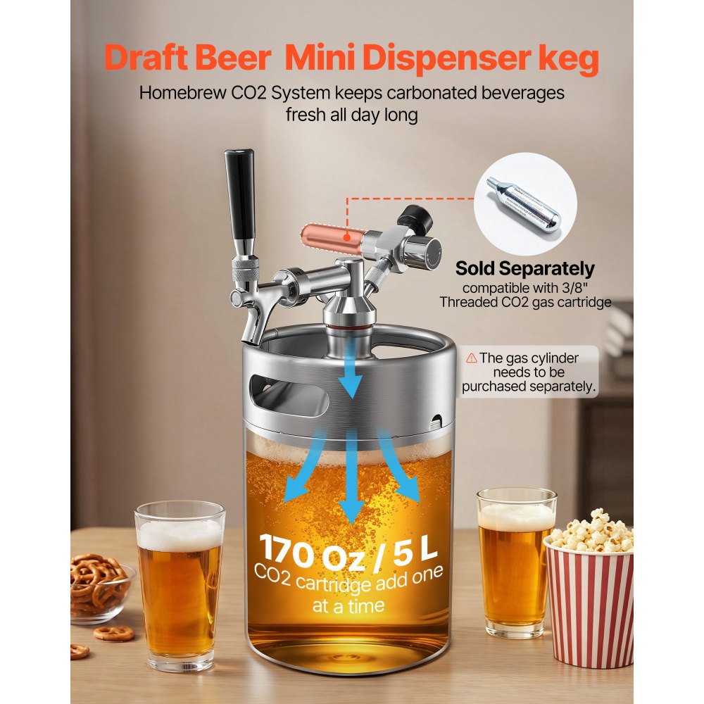 VEVOR 5L Mini Keg, Pressurized Growler Tap System, 304 Stainless Steel Beer Kit, with Co2 Regulator, Self-Closing Faucet, Keeps Fresh and Carbonation for Homebrew, Craft and Draft Beer
