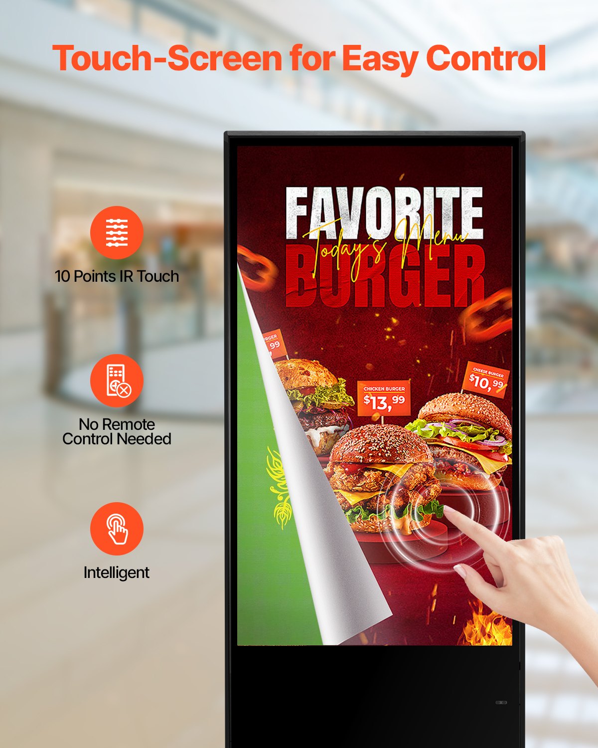 VEVOR Cyfrowy wyświetlacz reklamowy z funkcją zatrzymania klienta (przekątna ekranu 140 cm), ekran LCD 2K UHD, 2 GB pamięci RAM i 32 GB pamięci ROM, wolnostojący wyświetlacz z wejściem WiFi HDMI/USB, dotykowy wyświetlacz w kolorze czarnym