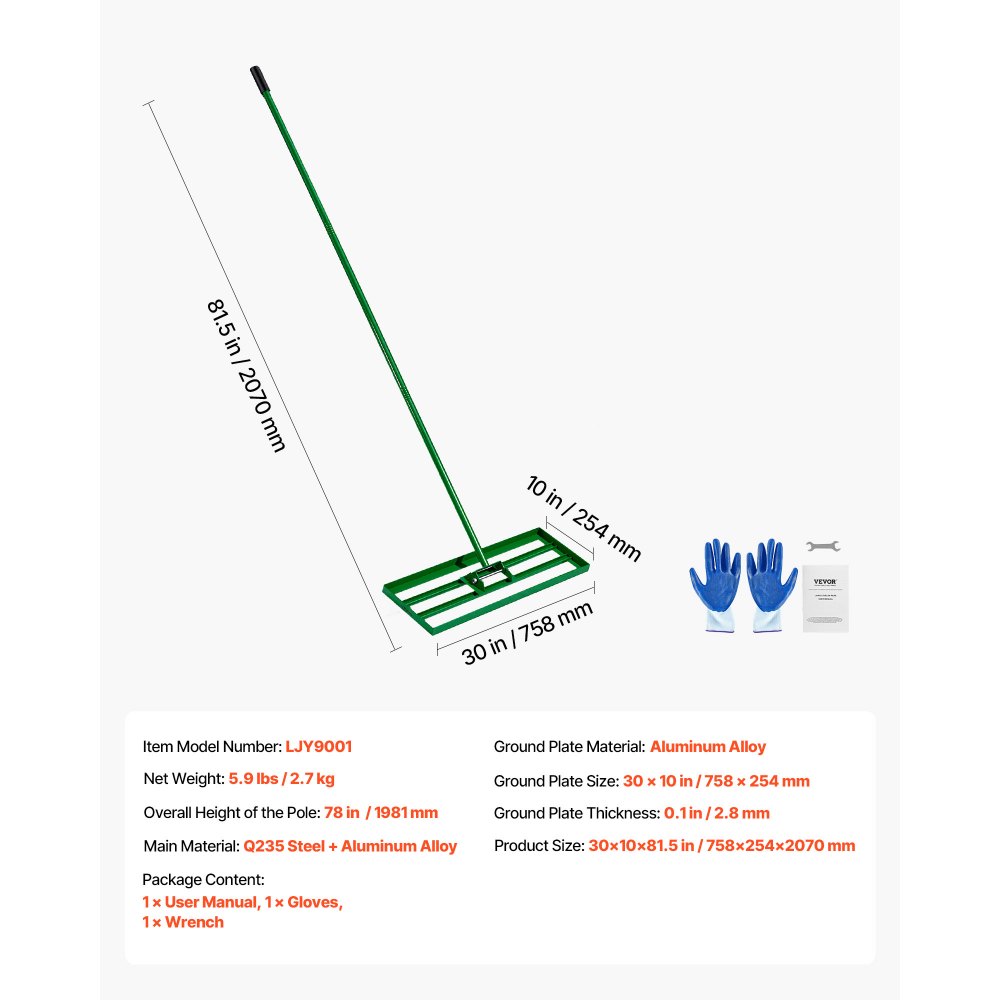 Grabie wyrównujące trawnik VEVOR 758 x 254 mm, ściągaczka do trawnika z uchwytem stalowym o długości 198 cm, wyrówniarka trawnika z rękawicami ogrodowymi, narzędzie do wyrównywania trawnika, odpowiednie do ogrodu, pola golfowego i rolnictwa