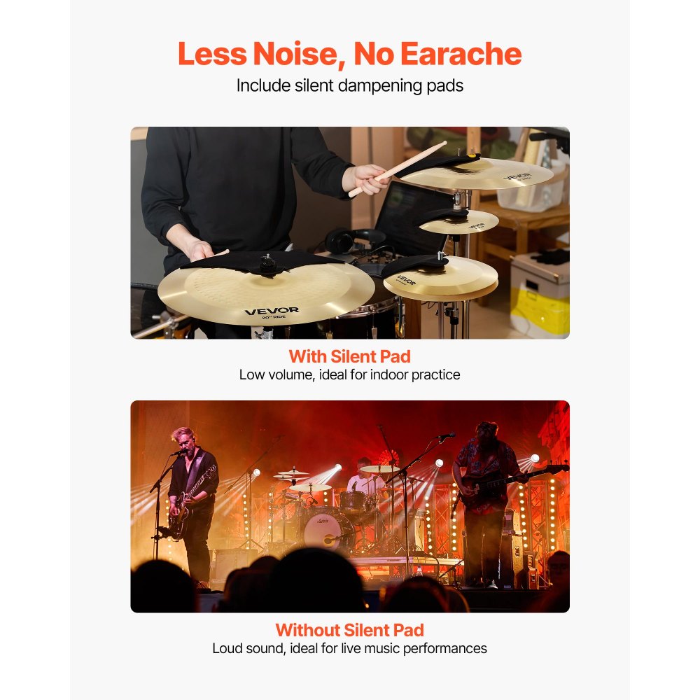 VEVOR 4-częściowy zestaw talerzy Splash 254 mm, HiHat 355 mm, Crash 400 mm i Ride 505 mm (10 14 16 20 Inches)