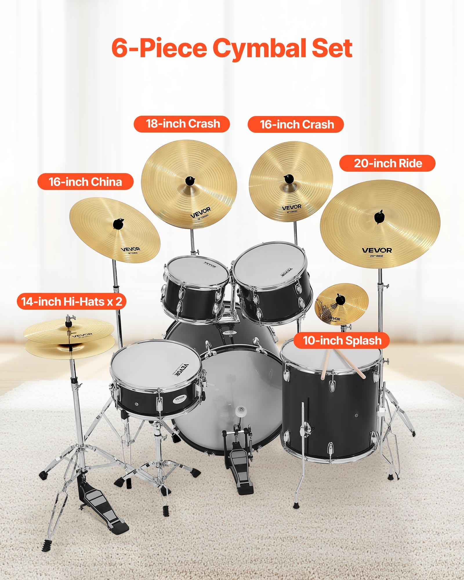VEVOR 6-piece cymbal set, alloy cymbals, drum set including 355 mm hi-hat, 400 & 455 mm crash, 505 mm ride, 254 mm splash, 400 mm china, drumsticks and cymbal bag