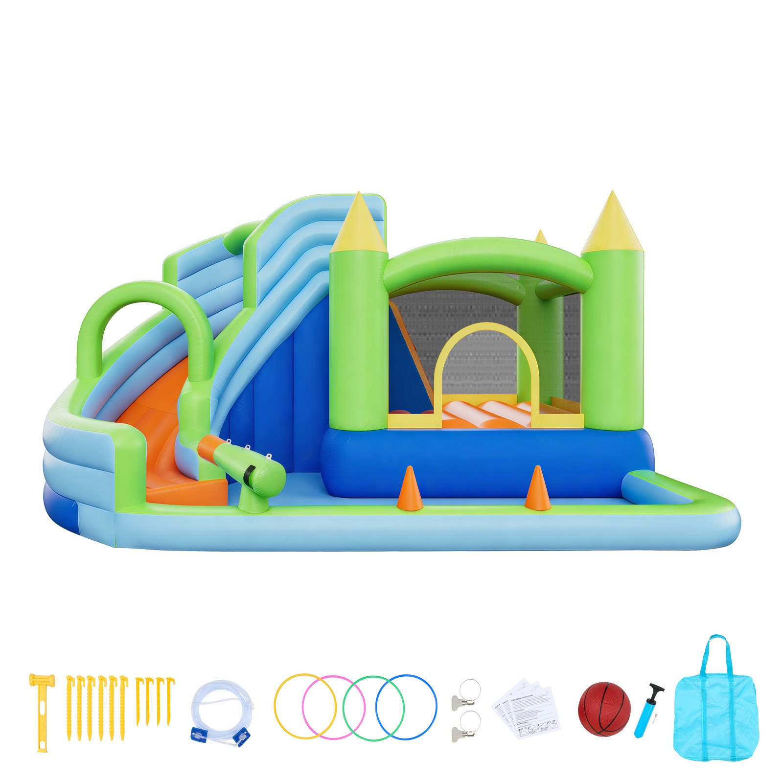VEVOR Dmuchany zamek do skakania na wodzie (344 x 374 x 213 cm), dmuchany zamek ze zjeżdżalnią wodną, ​​elementami dmuchanego zamku, koszem do koszykówki, brodzikiem i grą w rzucanie kółkami wodnymi, dla 3-4 dzieci (w wieku od 3 do 8 lat)