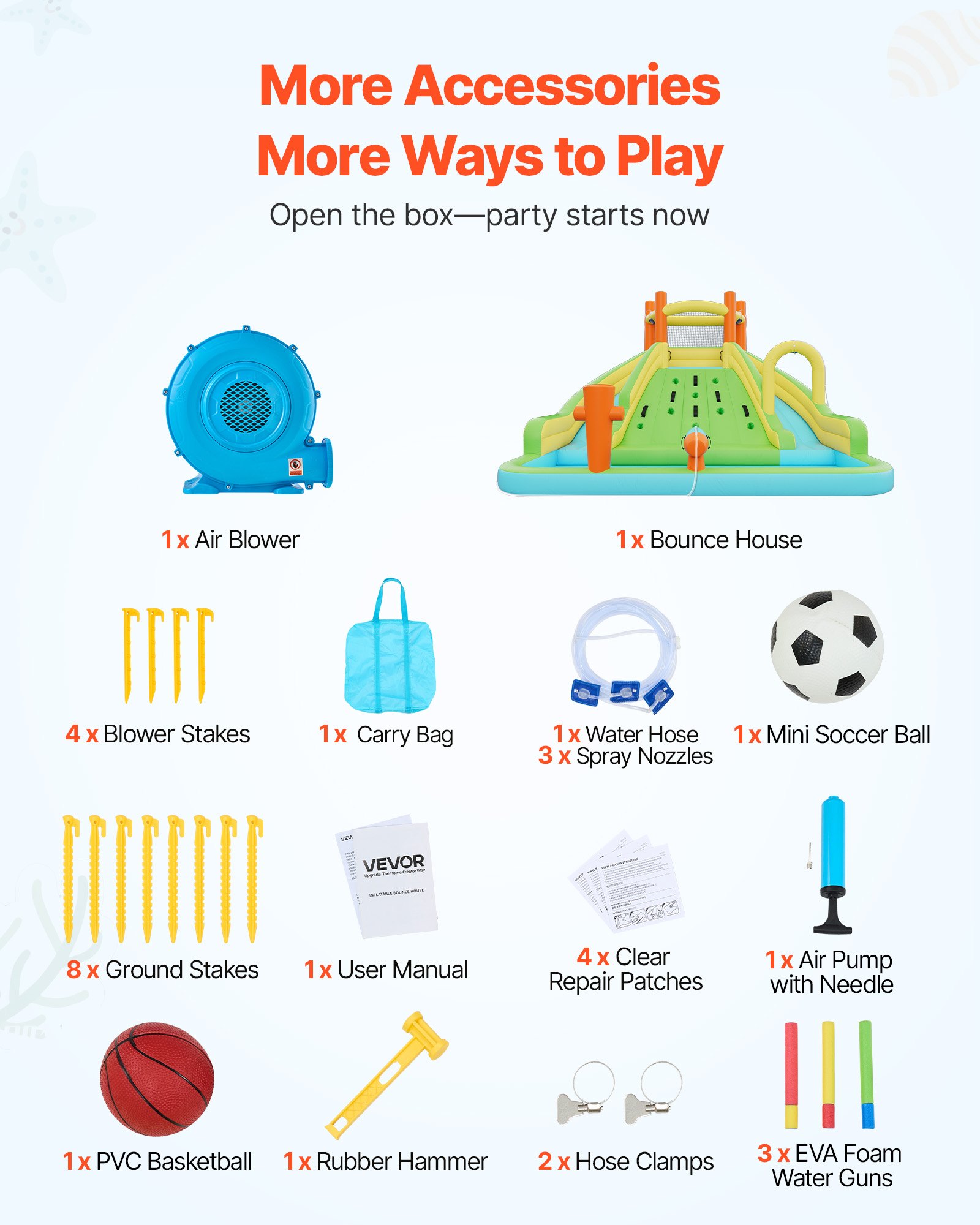 Dmuchany zamek wodny VEVOR (405 x 347 x 255 cm), dmuchany zamek ze ścianką wspinaczkową i elementami dmuchanego zamku, 2 wysokimi zjeżdżalniami wodnymi, brodzikiem i mini boiskiem do piłki nożnej, dla 3-4 dzieci (w wieku od 3 do 8 lat)