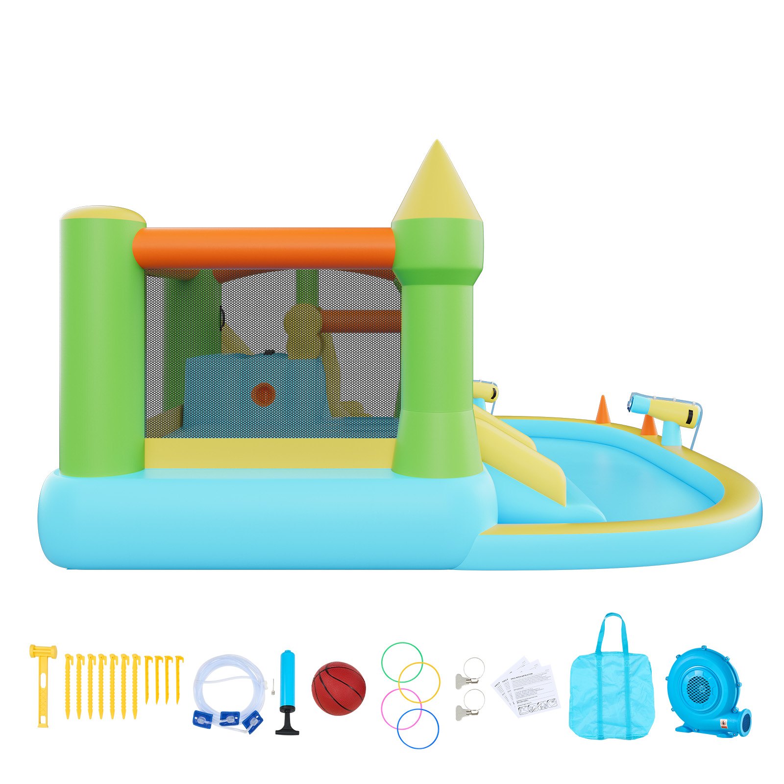 VEVOR Dmuchany zamek do skakania na wodzie (382 x 398 x 197 cm), dmuchany zamek ze zjeżdżalnią wodną i elementami dmuchanego zamku, koszem do koszykówki, brodzikiem i grą w rzucanie kółkami wodnymi, dla 3-4 dzieci (w wieku od 3 do 8 lat)