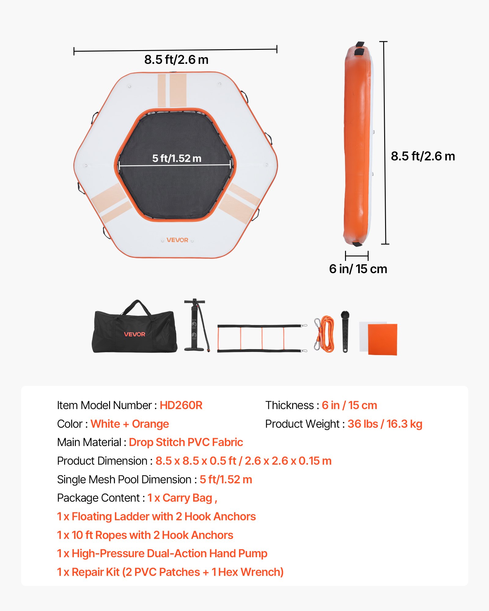 VEVOR Nadmuchiwany pomost pływający, 2,6 x 2,6 m, platforma pływająca z powierzchnią antypoślizgową, torba transportowa i odpinana drabinka, pływająca wyspa, platforma wodna do basenu, na plażę i morze, pomarańczowy