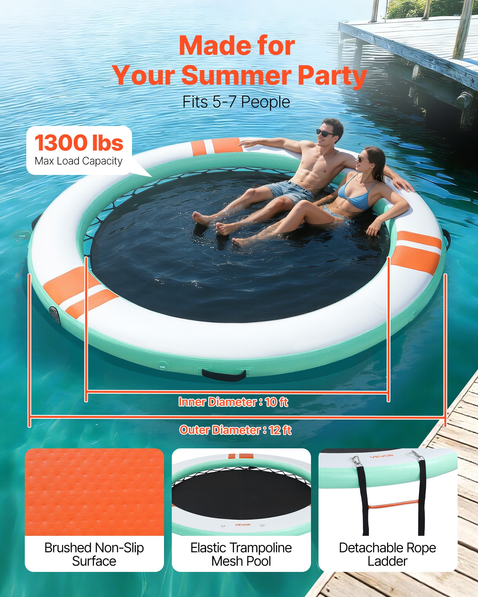 VEVOR Inflatable Floating Dock, 3.66 M Round Inflatable Dock Platform, Non-Slip Water Air Mat with Portable Carrying Bag and Detachable Ladder, Floating Water Platform Island Raft for Pool Beach Ocean