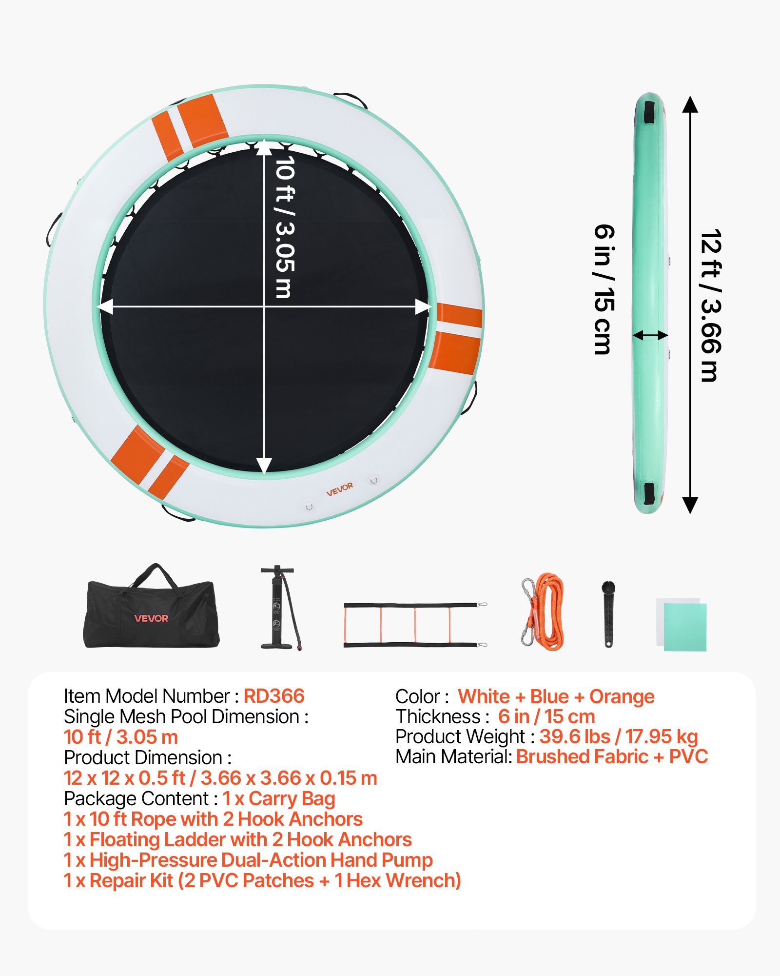 VEVOR Inflatable Floating Dock, 3.66 M Round Inflatable Dock Platform, Non-Slip Water Air Mat with Portable Carrying Bag and Detachable Ladder, Floating Water Platform Island Raft for Pool Beach Ocean
