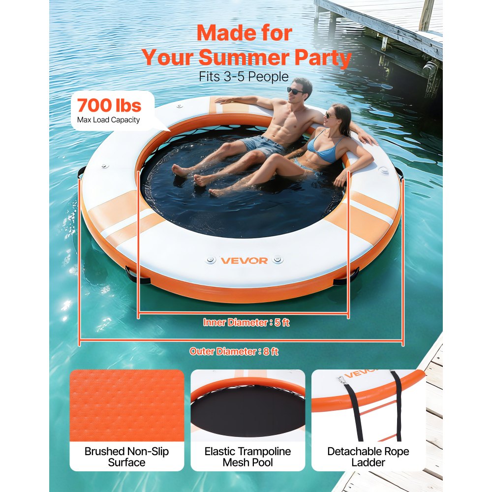 VEVOR Inflatable Floating Dock, 2.44 M Inflatable Dock Platform, Non-Slip Water Air Mat with Portable Carrying Bag & Detachable Ladder, Floating Water Platform Island Raft for Pool Beach Ocean, Orange