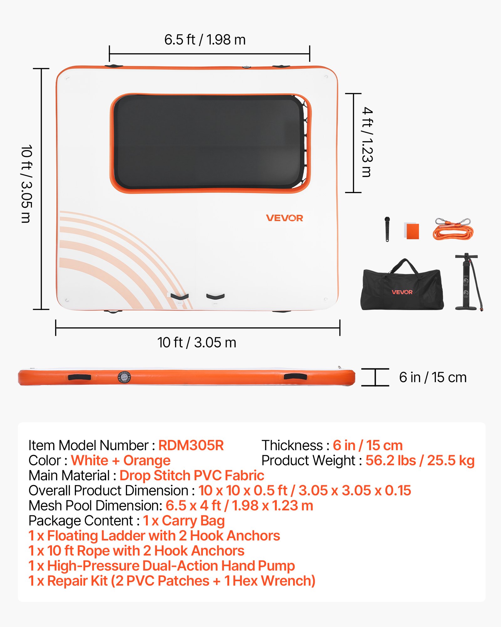 VEVOR Inflatable Floating Dock, 3.05x3.05 M Inflatable Dock Platform, Non-Slip Water Air Mat with Portable Carrying Bag and Detachable Ladder, Floating Water Platform Island Raft for Pool Beach Ocean