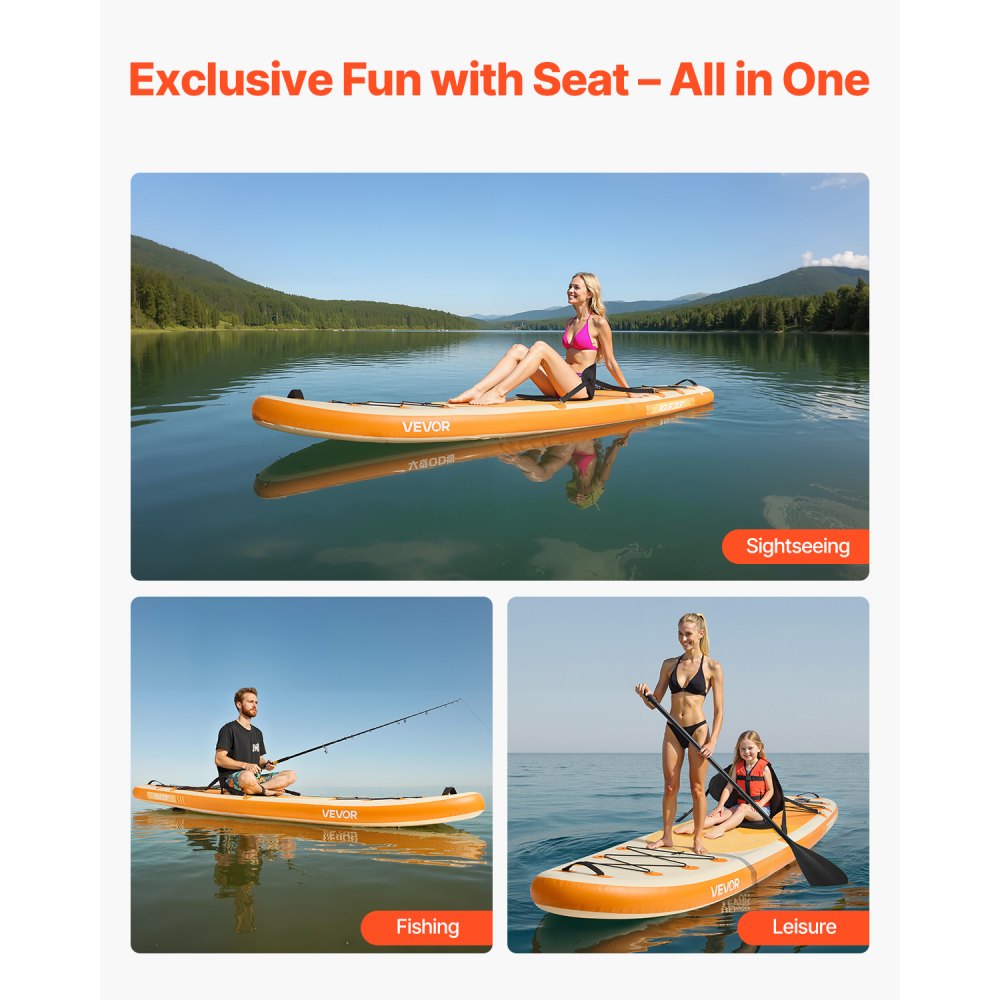 VEVOR inflatable stand-up paddleboard (323 x 83.8 x 15.2 cm) with one seat, complete set including pump, paddle, fin, backpack, ankle leash, and strap, for teenagers and adults
