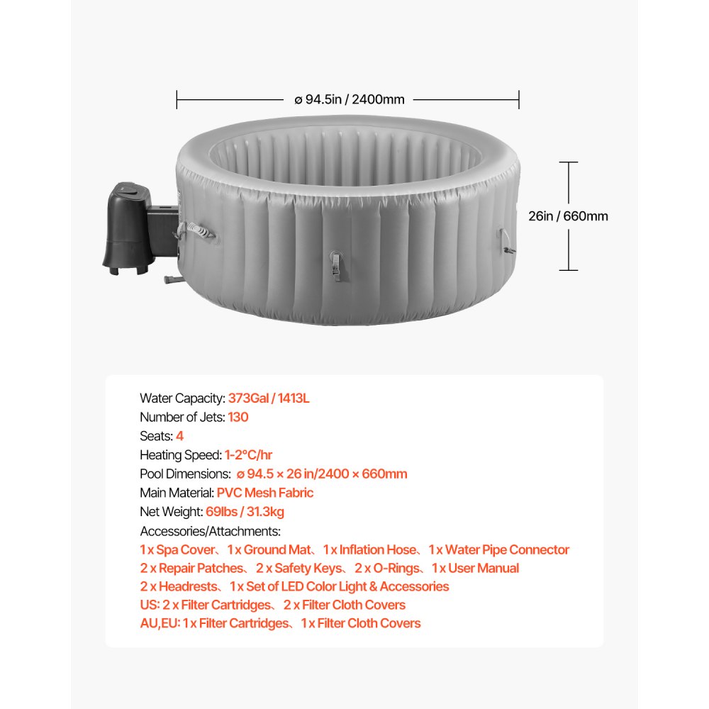 VEVOR Nadmuchiwana wanna dla 6–8 osób (240 x 66 cm), okrągła i przenośna, ze 130 kojącymi strumieniami, zagłówkiem, oświetleniem LED, pokrywą i wielofunkcyjnym panelem sterowania, basen spa z PVC do użytku na zewnątrz