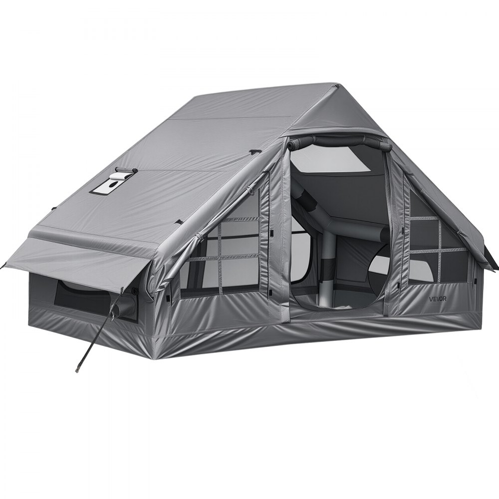 VEVOR Inflatable Tent for Camping 2-4 Person Blow Up Tent with Pump Gray, for Family Outdoor Glamping, Waterproof 420D Oxford, Easy Setup Air House with Skylight, Stove Jack, Mesh Windows & Carry Bag