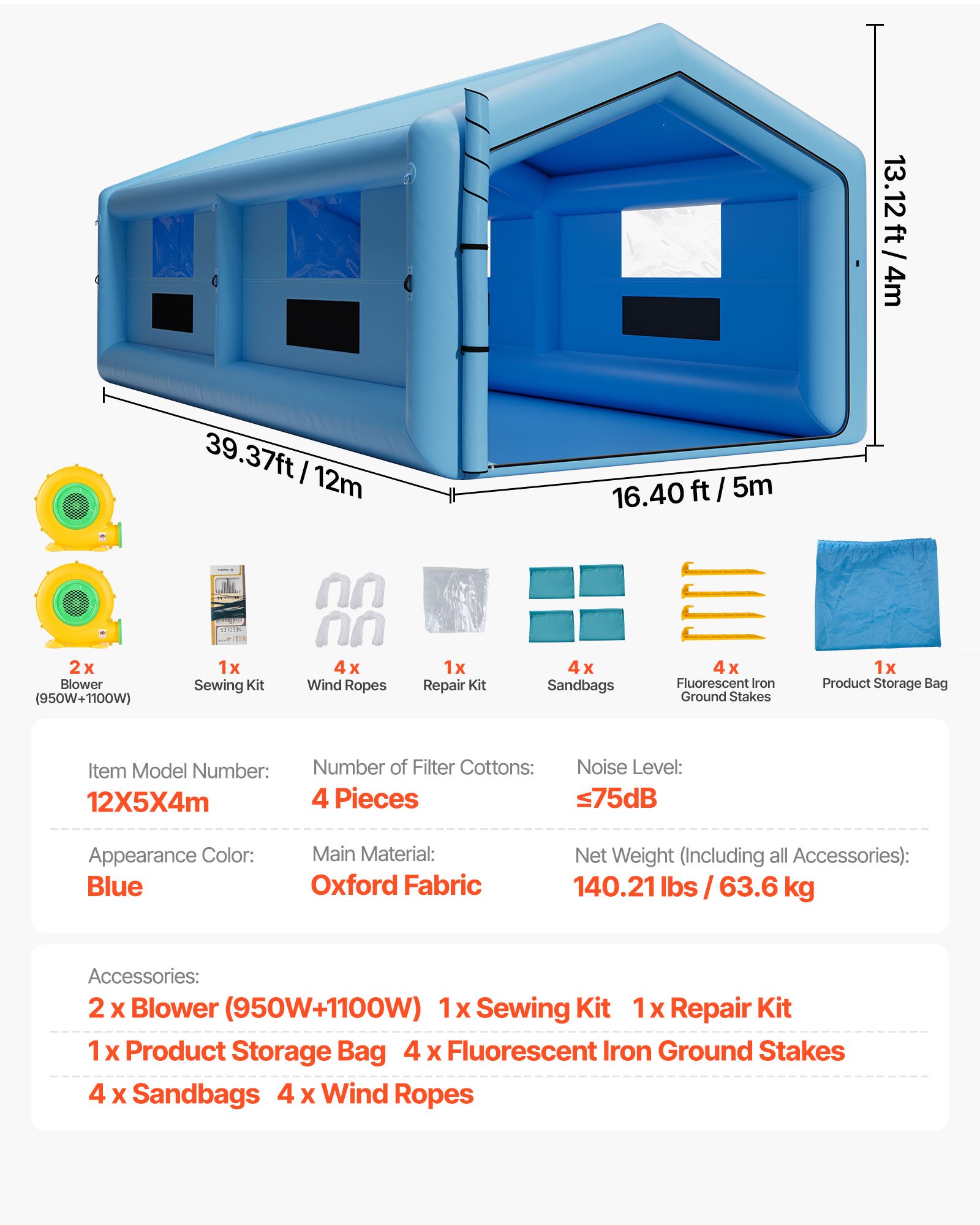 VEVOR Nadmuchiwana kabina lakiernicza, kabina lakiernicza 12x5x4 m, namiot lakierniczy z dmuchawą 950+1100 W i systemem filtracji powietrza, dach trójkątny, tkanina Oxford, lakierowanie natryskowe metalowych części pojazdów mechanicznych
