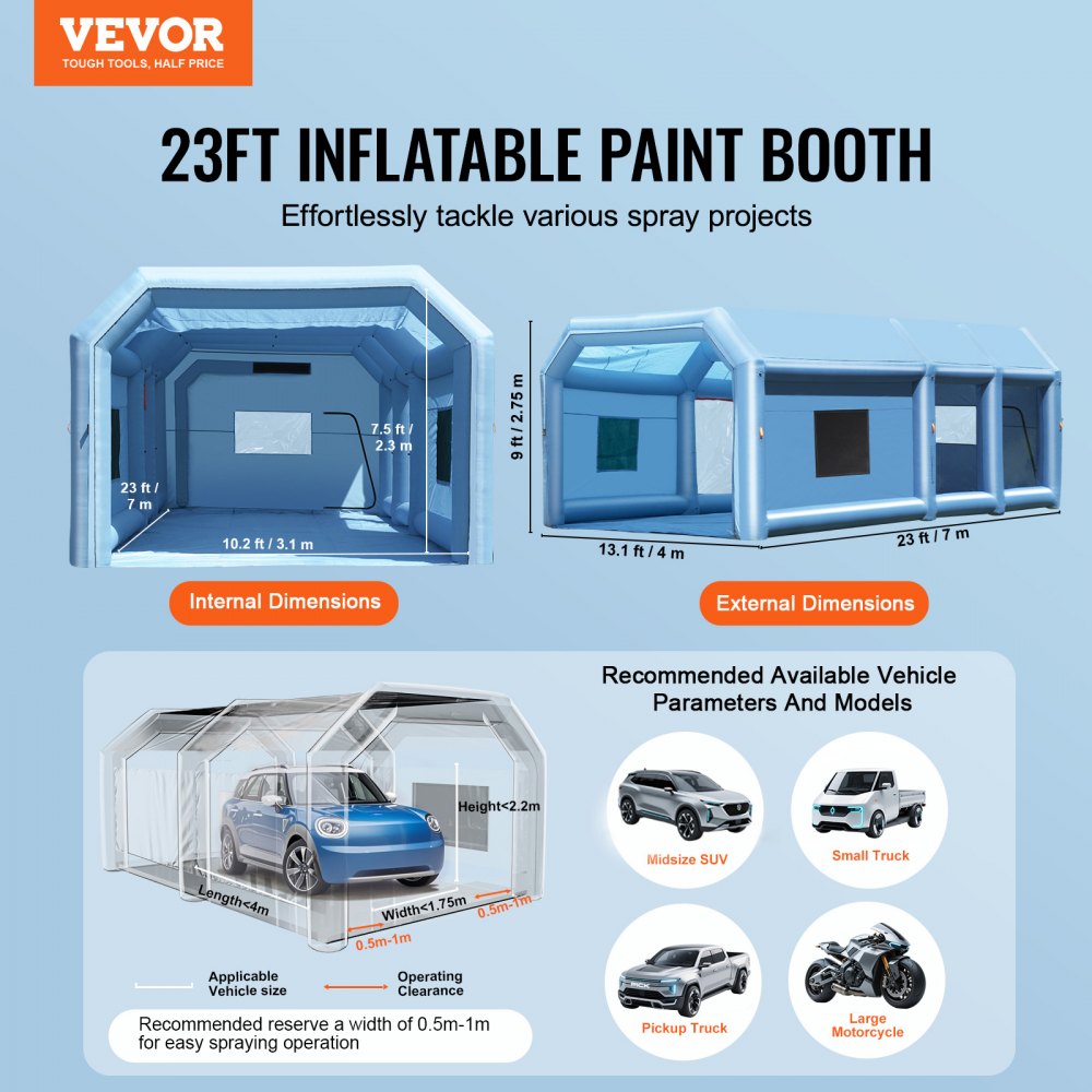 VEVOR Inflatable Spray Booth Tent, Inflatable Paint Booth Tent 750W + 350W Car Paint Booth Workplace 210D Oxford Fabric with 2 Blowers 4 x 2.5 x 2.2 m Blue Car Parking Garage